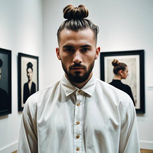 Man with Top Knot Hairstyle in Art Gallery