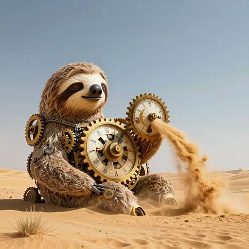 Digital art of a furry, smiling sloth with gears and clock faces, sitting in a desert, shooting sand with a gear-powered fist. Clear blue