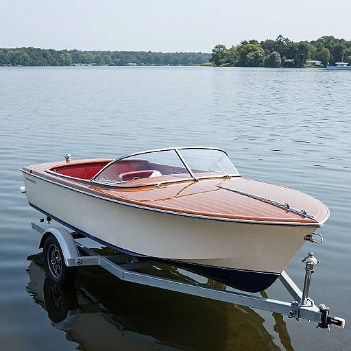 Photograph of a sleek, white and red speedboat with a polished wooden dashboard, floating on calm lake water, towed by a silver trailer.