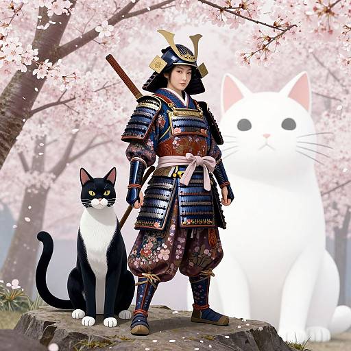 Photograph-style digital art: Japanese samurai in detailed armor with horned helmet, standing on rock, flanked by black and white cats, large