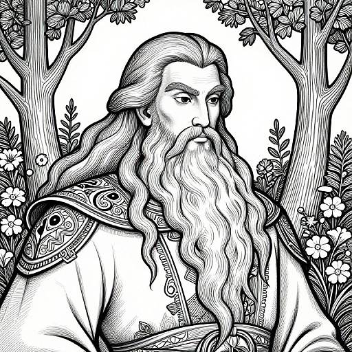 Black-and-white ink drawing of a bearded, long-haired man in ornate armor, surrounded by trees and flowers, with intricate patterns.