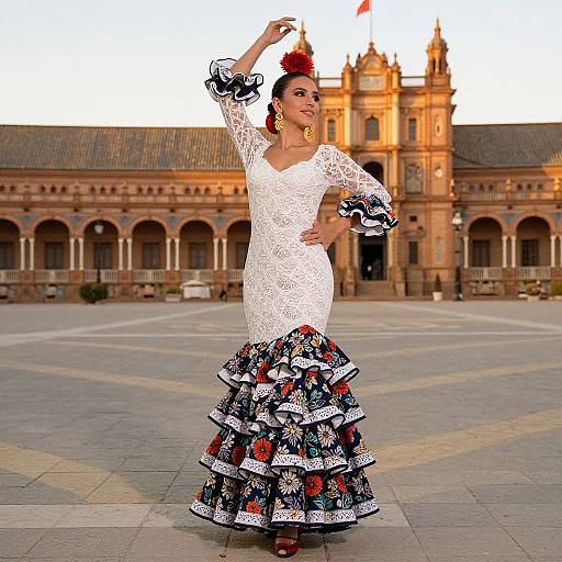 Photograph of a Latina woman in a white lace bodice and colorful ruffled skirt, posing in front of a historic building. She wears red hair