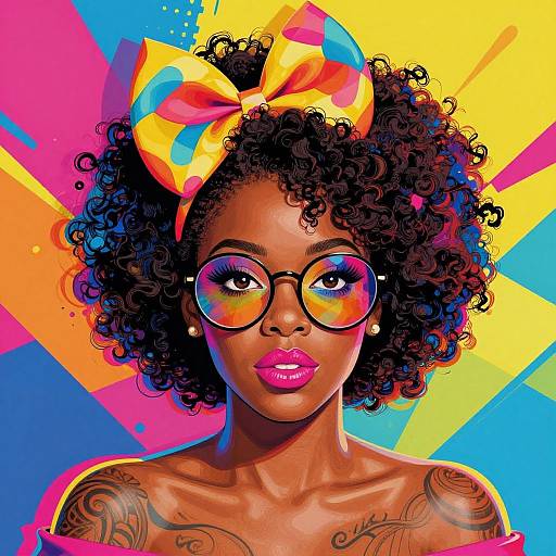 Vibrant digital portrait of a dark-skinned woman with curly hair, colorful bow, round rainbow glasses, pink lips, and tattoos, set against