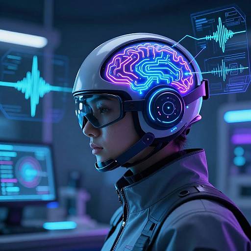 Cyberpunk-style photograph of a person in a white helmet with a neon blue and pink brain interface, wearing goggles and a high-tech jacket, in