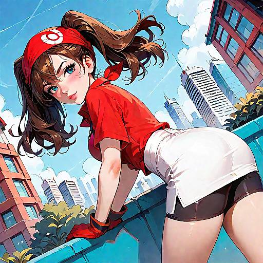 Anime Girl in Red Bandana Urban Scene