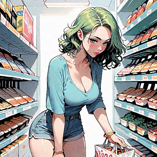 Anime Girl Shopping with Green Hair