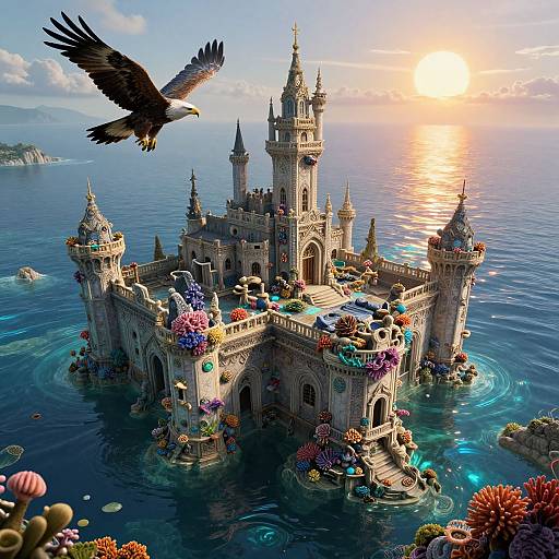Fantasy CGI: A grand, ornate castle with colorful flowers and a black eagle soaring over a bright sunset ocean.