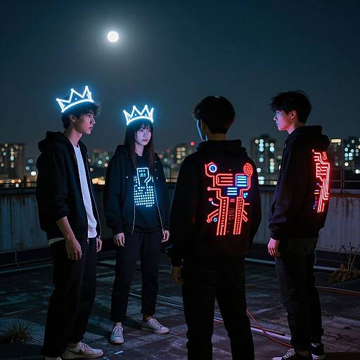Photograph of four young Asian individuals wearing neon-lit crowns and jackets, standing on a rooftop at night, illuminated by moonlight and city lights