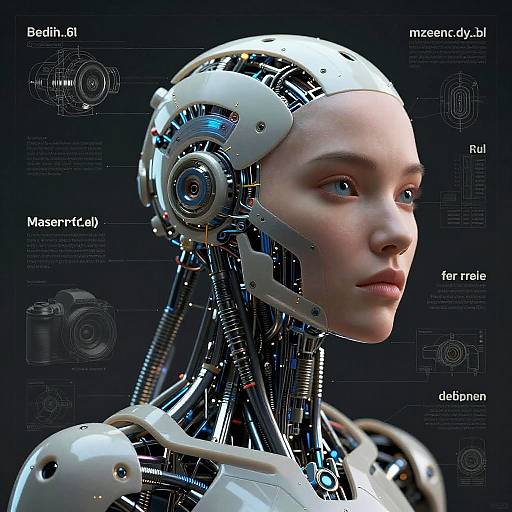 CGI image of a female cyborg with a human face and mechanical head, detailed with labeled components, against a black background.
