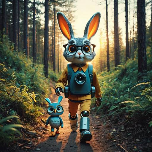 Robot Rabbit and Owl Hiking at Sunset