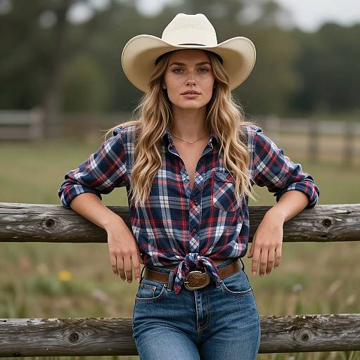Photograph of a blonde woman with wavy hair, wearing a white cowboy hat, plaid shirt, and jeans, leaning on a wooden fence in