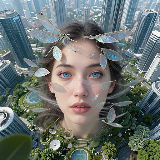 Digital artwork of a young woman with blue eyes, surrounded by transparent dragonfly wings, floating above a futuristic cityscape.