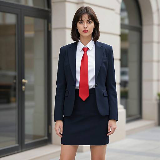 Photograph of a serious-looking woman with short black hair, wearing a black blazer, white shirt, and bright red tie, standing in front of