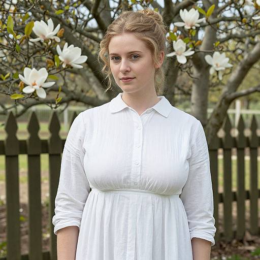 Photograph of a fair-skinned, blonde woman with a bun, wearing a white, long-sleeved, button-up dress, standing in a