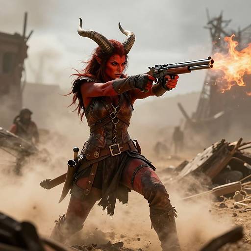 Digital artwork of a fierce, horned demon woman firing a gun, flames erupting from the barrel, amidst a dusty, war-torn battlefield.