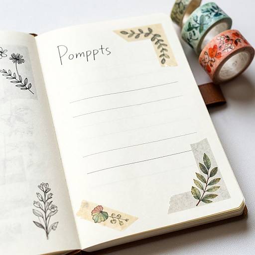 Photograph of an open, floral-decorated notebook with 