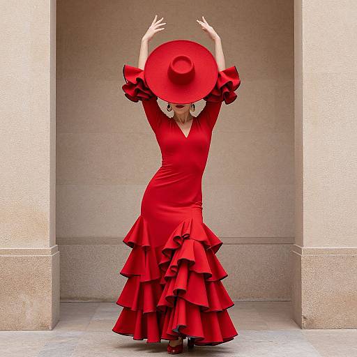 Photograph of a woman in a vibrant red ruffled dress and wide-brimmed hat, arms raised, standing in a beige stone archway.