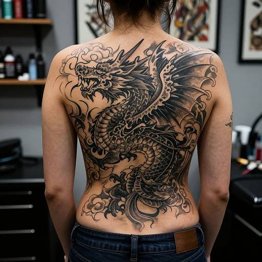 Photograph of a tattooed Asian woman with black dragon back tattoo, wearing blue jeans, in a tattoo studio with shelves and framed art.