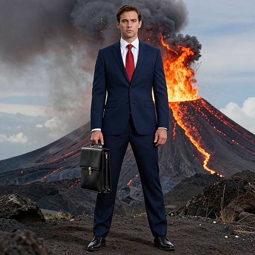 Photograph of a stern, brown-haired man in a black suit, red tie, holding a briefcase, standing before a volcanic eruption.