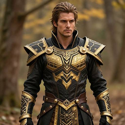 Photograph of a handsome, stern-faced man with brown hair in elaborate, gold-accented black medieval armor standing in a forest.