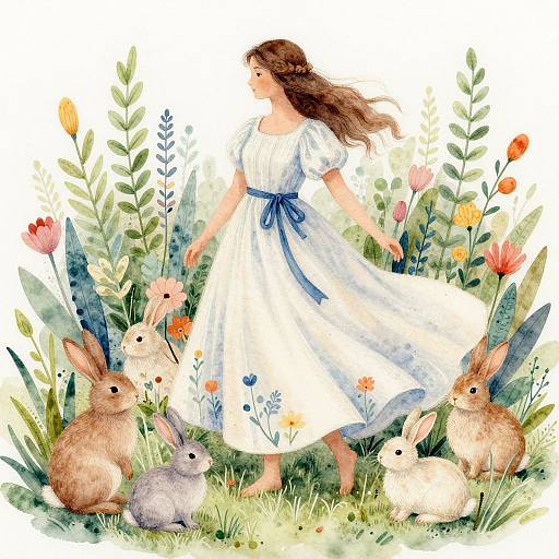 Watercolor illustration of a brown-haired woman in a white dress with blue ribbon, surrounded by rabbits and colorful flowers in a lush garden.