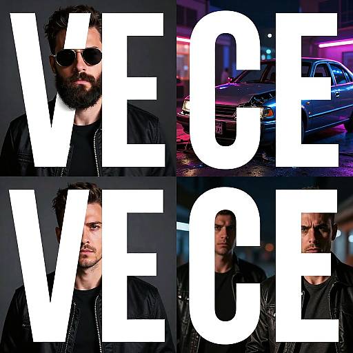 Photograph collage of four male bearded individuals with dark sunglasses, wearing black attire, overlaid with large white 