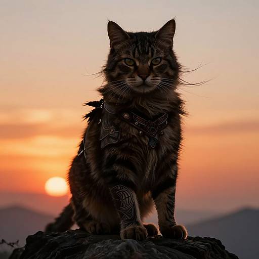 Photograph of a tabby cat with a harness, sitting on a rock at sunset, with an orange and pink sky in the background.