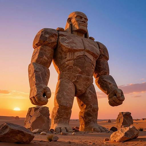 Photograph of a giant, rock-like, humanoid statue standing in a desert at sunset, with a vibrant orange and blue sky.