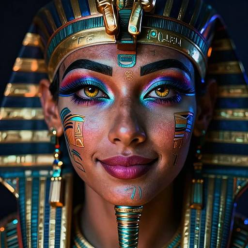 Photograph of a woman with glowing blue and purple eye makeup, wearing an Egyptian-style headpiece with gold accents and hieroglyphics.