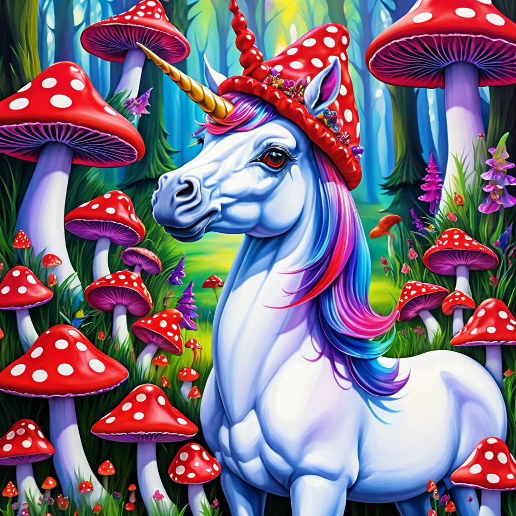 Whimsical Unicorn in a Mushroom Wonderland