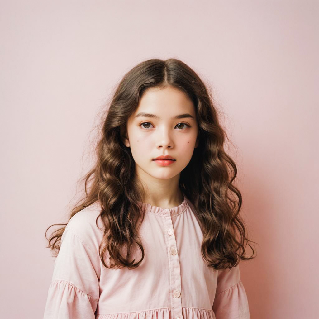 Curious Girl in Soft Pink Studio