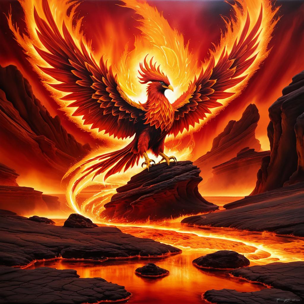 Phoenix Rising in Fiery Landscape