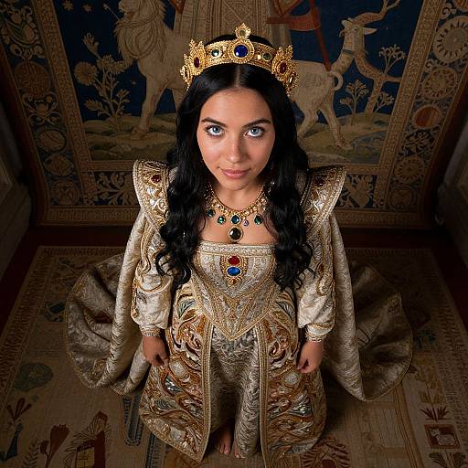 Photograph of a dark-haired woman with blue eyes, wearing an ornate gold crown, intricate gold and beige medieval-style dress, and necklace, standing
