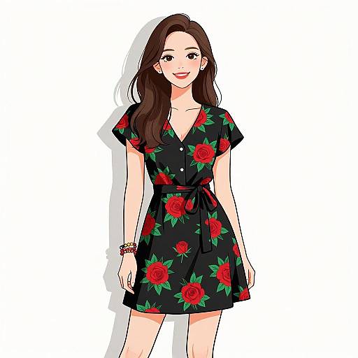 Digital illustration of a smiling woman with long brown hair, wearing a black floral dress with red roses, green leaves, and a belted waist, against