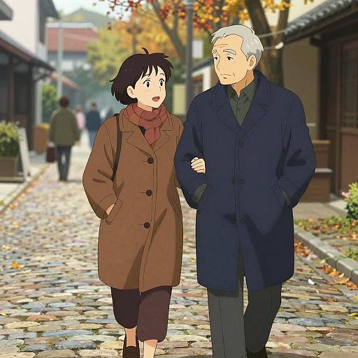 Digital anime-style drawing of a young woman and older man in brown and navy coats, walking on a cobblestone street with autumn leaves. Background shows