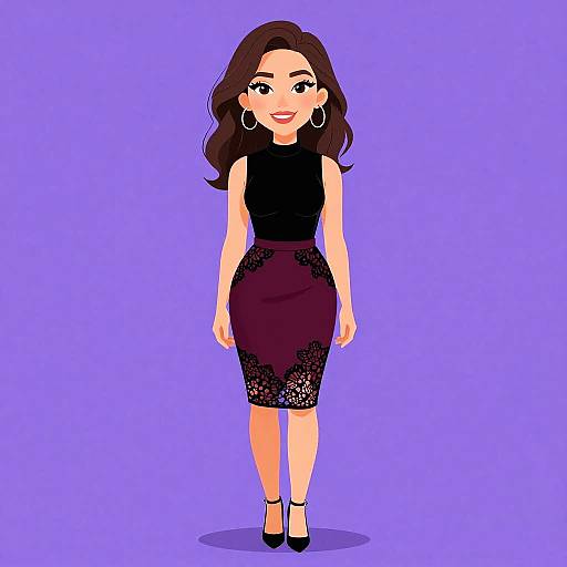 Digital illustration of a smiling woman with wavy brown hair, wearing a black lace sleeveless top and dark lace pencil skirt, black heels, and hoop