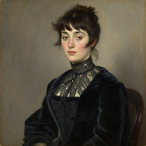 Photorealistic painting of a Victorian woman with pale skin, black updo, and lace-trimmed black velvet dress, looking directly at the viewer