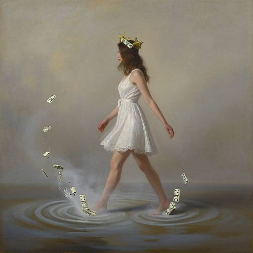 Digital painting of a woman in a white dress and golden crown, walking on water with floating playing cards, surrounded by mist.