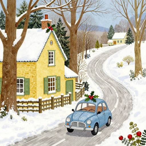 Colorful winter illustration: A blue vintage car with red Christmas decorations drives on a snow-covered, winding road past a yellow stone house with green shutters