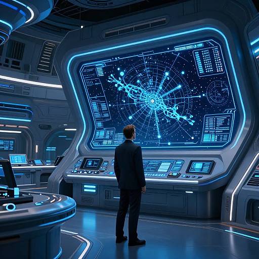 Sci-fi spaceship control room: Man in dark suit stands before glowing blue holographic star chart on futuristic console walls. Bright, high-tech ambiance. (