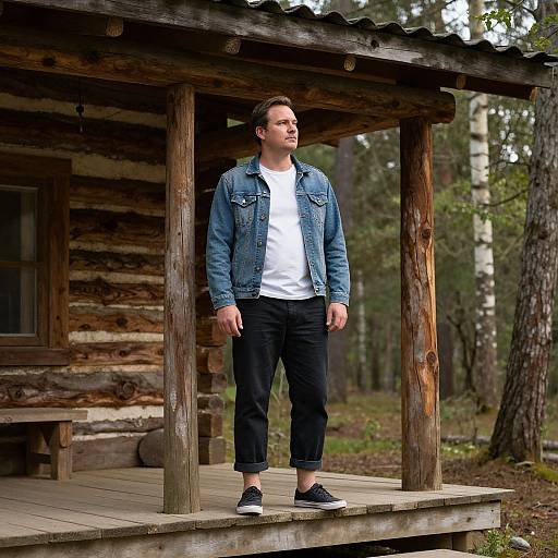 Photograph of a young man with short brown hair, wearing a denim jacket, white t-shirt, black pants, and black sneakers, standing on a