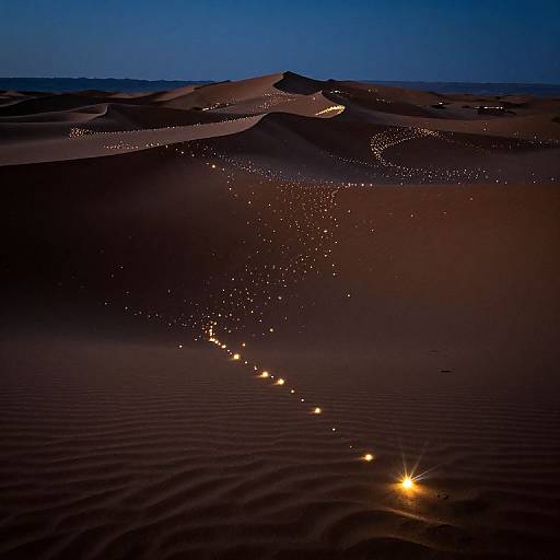 Photograph of a desert night landscape with illuminated sand dunes, a trail of glowing lights leading from the foreground to the distant hills under a deep blue