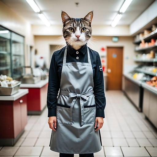 Cat Wearing Apron in Shop Interior