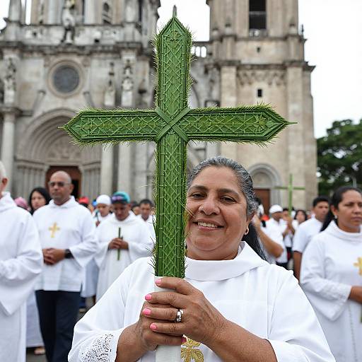 Photograph of a smiling Latina woman with gray hair holding a green, thorny cross in front of a cathedral, surrounded by other clergy in white robes