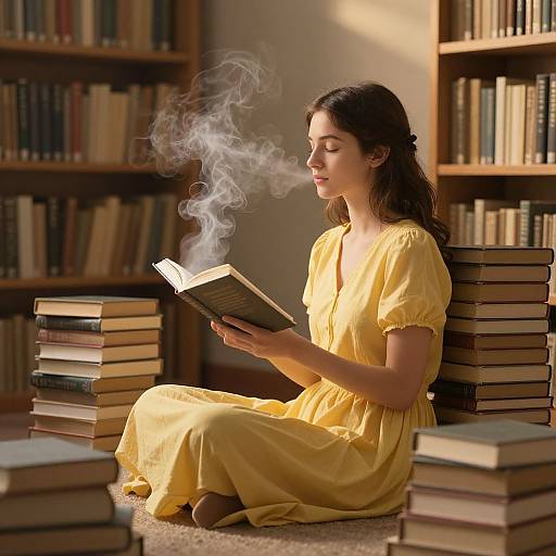 Photograph of a young woman with long brown hair, wearing a yellow dress, sitting on carpet in a sunlit library, reading a book with wis
