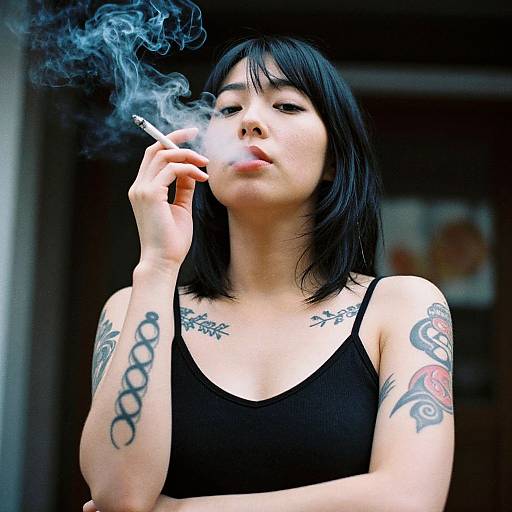 Asian woman with black bob, tattoos, smoking cigarette, exhaling smoke, wearing black tank top, neutral background, intense gaze, photograph.