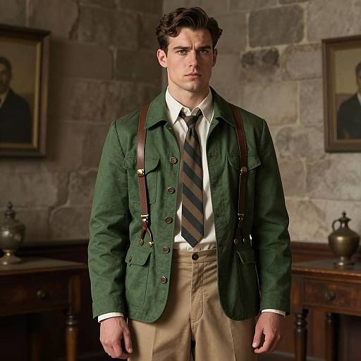 Vintage Style Young Man Wearing Green Jacket and Suspenders