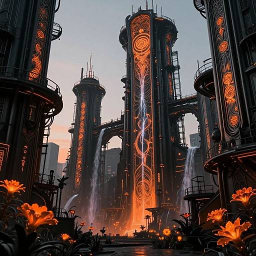 Digital artwork of a futuristic, sci-fi city with towering, illuminated, spiral-patterned structures, water fountains, and orange glowing flowers in the foreground