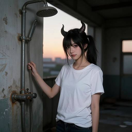 Photograph of an Asian woman with black hair in pigtails, wearing horn headbands, white t-shirt, and dark jeans, standing in a