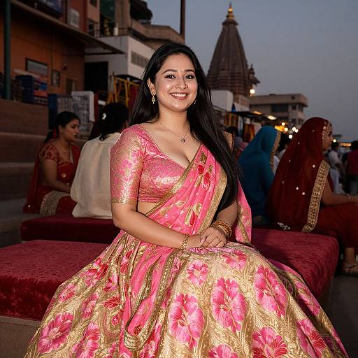 Photograph of a smiling Indian woman with long black hair in a pink and gold floral traditional lehenga, seated outdoors at dusk, with blurred background and
